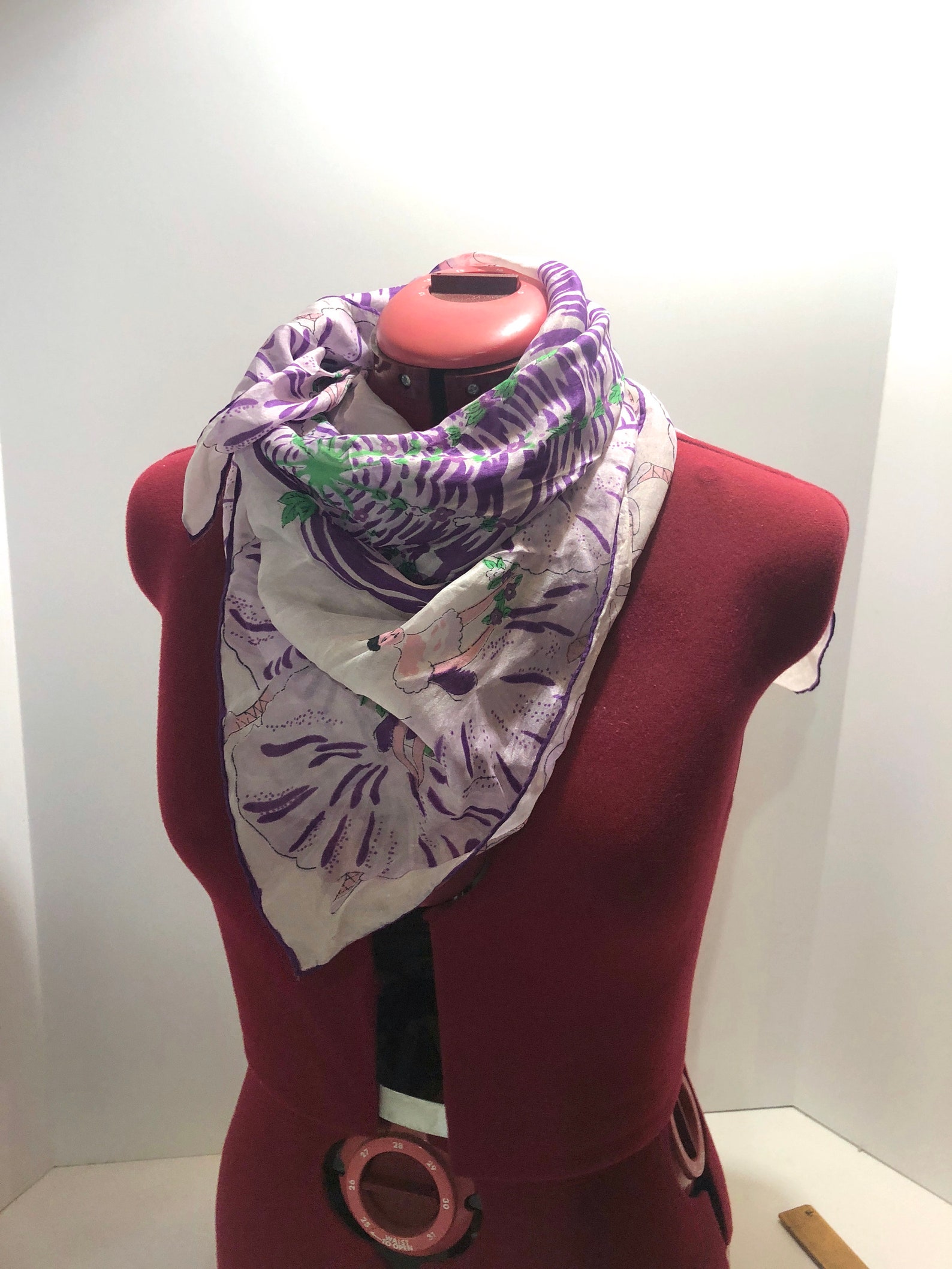 vintage large silk novelty scarf kitsch collectible ballet dancer girls dancing point shoes tutu waltz of the flowers purple lav