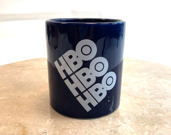 Vintage WAECHTERSBACH HBO Home Box Office Logo Advertising Cable TV Mug Coffee Tea Cup 80s Novelty Made in Spain Graphic Dark Blue and White