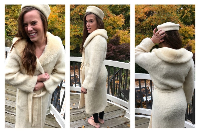 CLEARANCE Vintage Gorgeous Icelandic Wool Polar Knit Wrap Sweater Robe Coat Belted Tie Lined Sherpa 100/% pure wool S Small Ivory Off White