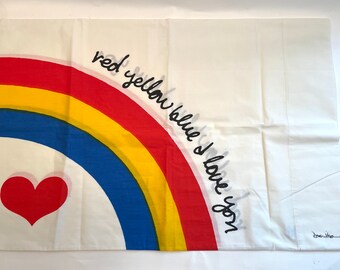 Vintage DOUG WILSON Red Yellow Blue I love you Pillowcase Burlington Heart Rainbow Retro Stranger Things Vibes NOS Never Used New Old Stock