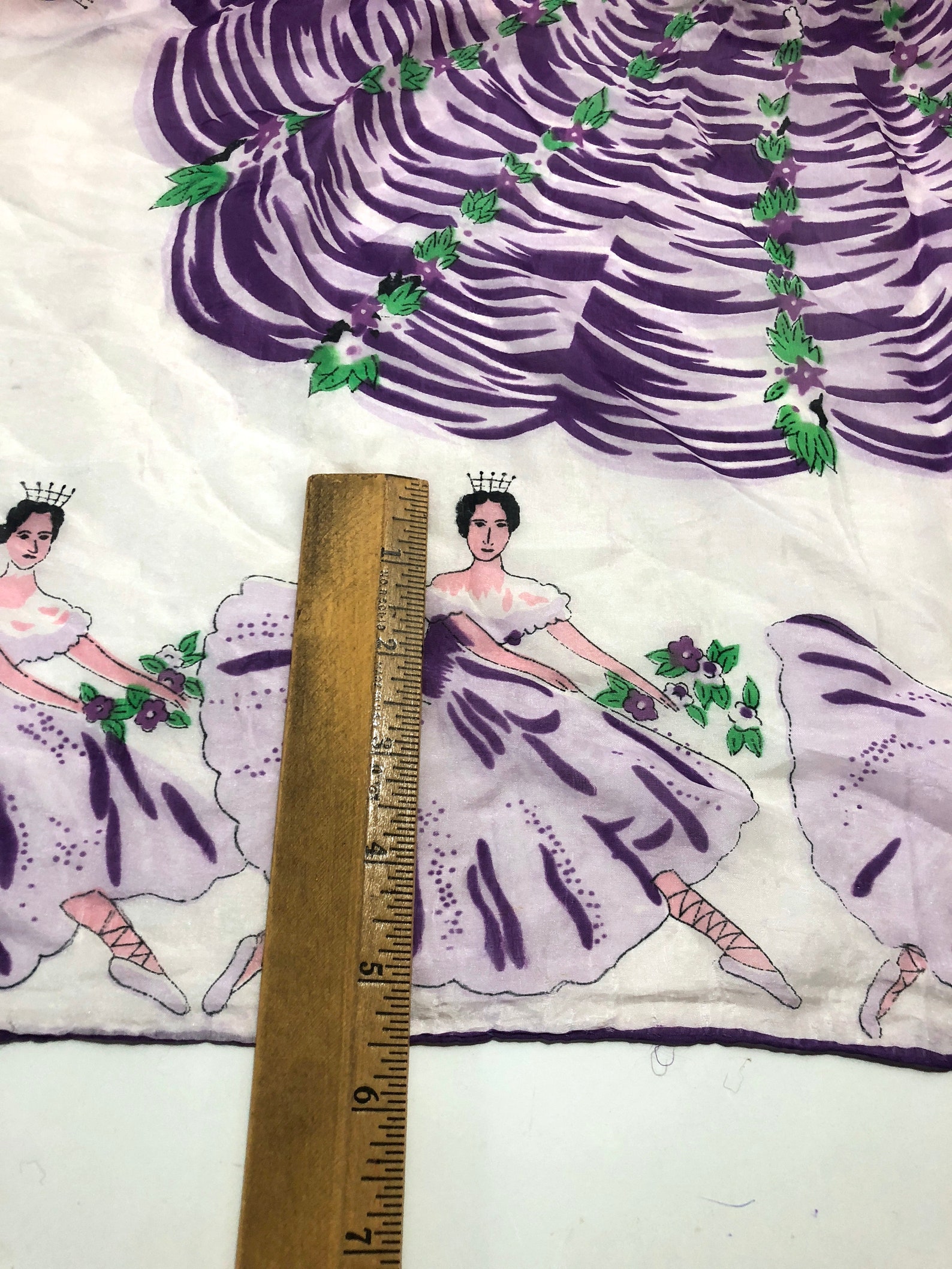 vintage large silk novelty scarf kitsch collectible ballet dancer girls dancing point shoes tutu waltz of the flowers purple lav