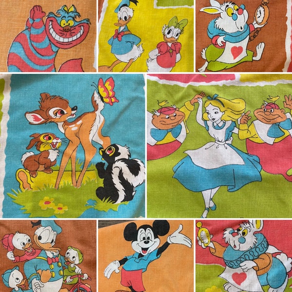 Vintage 1960s RARE Highly Collectible Twin Fitted Sheet fabric Yardage Upcycle Bambi Mickey Alice Wonderland Donald Duck Disney Disneyana