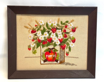 Vintage 12x14 Crewel Wall Hanging Hand Embroidered Strawberry Flower Basket w/ Big Bouquet Summer Fruit Red Berries Blossoms Pippins Apples