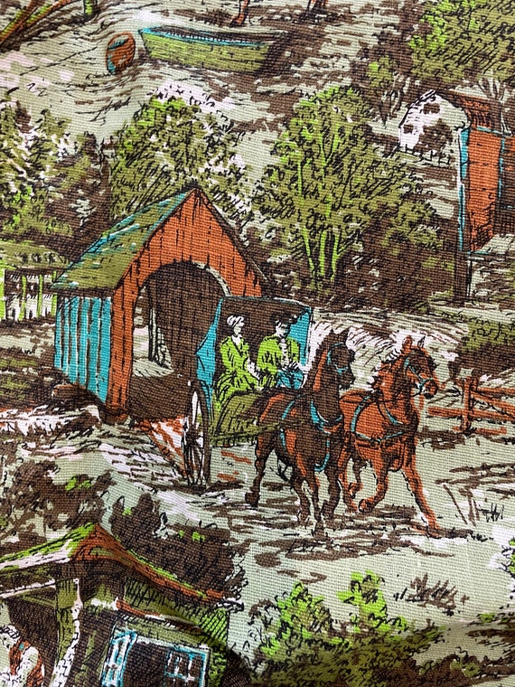Vintage 48"W x 113"L House N Home Fabric & Draperies Remnant Preshrunk Fabric Mid Century Modern TOILLE Provincal Farm Scene Barkcloth Era