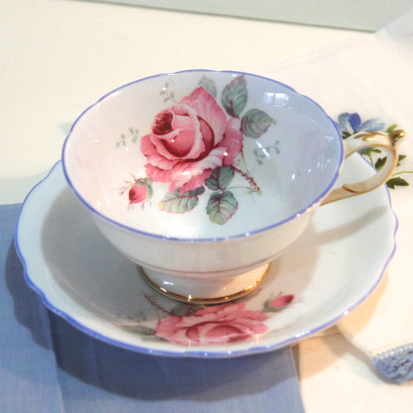 Vintage Collectible Dainty Tea Cup and Saucer for Tea Party MOTHERS DAY Gift PARAGON Fine Bone China England Baby blue  pink rose