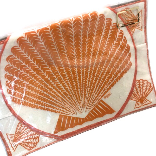 Vintage Retro 80s Hawaii Souvenir Place Mat Napkin Set of 4 Seashell Shell Orange Screenprint FABRICWORKS NOS Never Used Cotton Linen