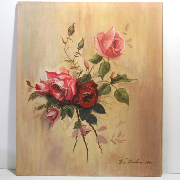 Vintage Original Oil Painting of Still Life Floral Roses Red Pink Cottage Chic Romantic Charm Artist William Beurkens