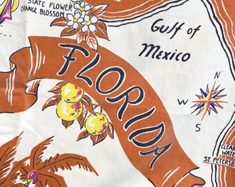 Vintage 50" Square 1950s State of Florida Souvenir Tablecloth PRE DISNEY MCM Mid Century Illustrations Vacation Holiday Gift Wall Mural