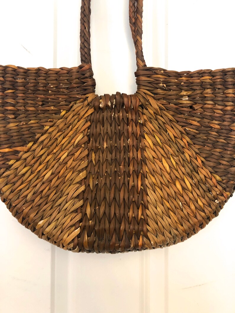 Vintage Woven Purse Bag Bucket Basket Weave Rattan Wicker ...