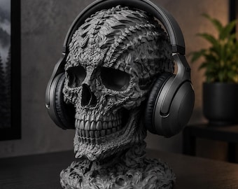 Skull Headphone Stand - Gothic Headset Holder, Dragon Scale Skull Sculpture, Dark Aesthetic Desk Decor, 3D Printed Gamer Gift, Horror Art
