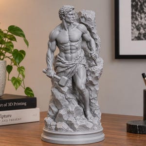 May include: A grey monochromatic sculpture of a muscular figure standing against a jagged rock formation. The figure is depicted with a defined physique, wearing a draped cloth around the waist and holding a hammer in the right hand.