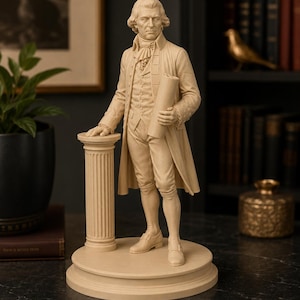 May include: A monochromatic beige figurine of Thomas Jefferson standing beside a fluted column. The figure wears an 18th-century coat, waistcoat, and breeches, holding a rolled document in one hand while resting the other on the column base.
