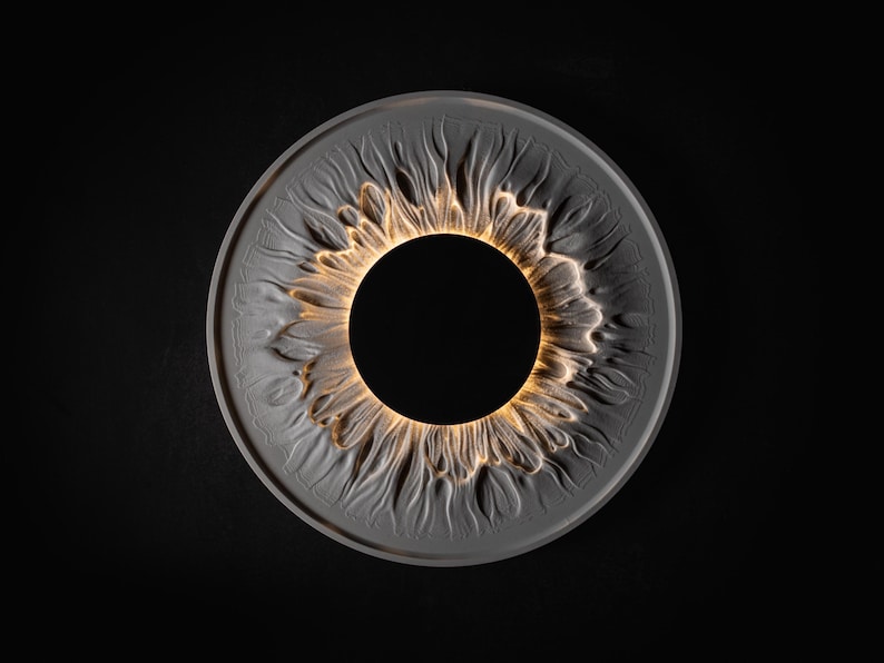 May include: A circular wall light fixture featuring a textured, grey, petal-like relief pattern surrounding a solid black center. A warm, golden light emanates from the inner ring, highlighting the intricate, organic ridges of the grey surface.