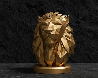 Low Poly Lion Bust Sculpture, Geometric Modern Desk Decor