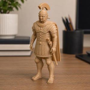 May include: A tan-colored Roman soldier figurine, complete with a helmet, armor, and a cape. The figure is holding a sword and is standing upright. The figurine is made of a solid material and is displayed on a wooden surface.