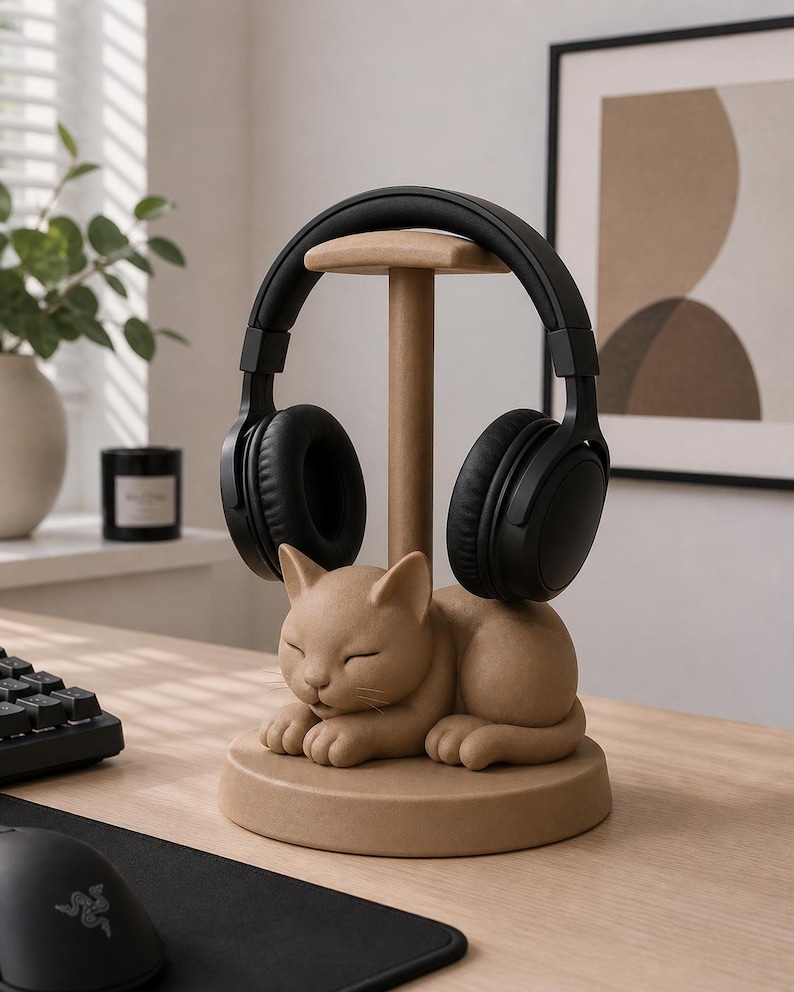 May include: A tan-colored headphone stand featuring a sculpted, sleeping cat at the base. The stand has a central vertical post with a horizontal top bar designed to hold a pair of black over-ear headphones securely in place on the cat's back.