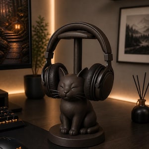 May include: A dark brown matte headphone stand shaped like a sitting cat with closed eyes. The stand features a vertical post extending from the cat's back to support a pair of matching dark brown over-ear headphones resting on the top bar.