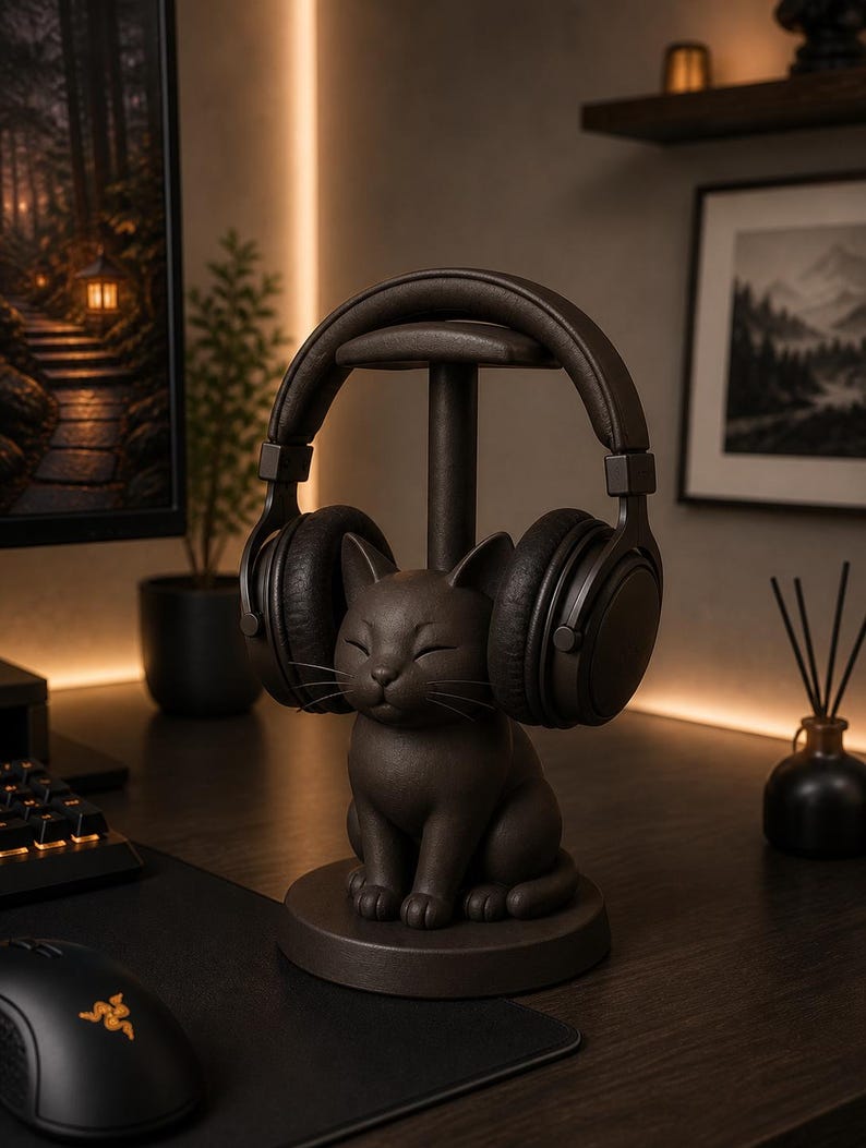 May include: A dark brown matte headphone stand shaped like a sitting cat with closed eyes. The stand features a vertical post extending from the cat's back to support a pair of matching dark brown over-ear headphones resting on the top bar.