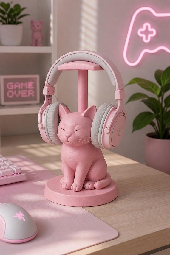 Cat Headphone Stand, Sleeping Cat Holder, Cute Desk Organizer, Minimalist Headset Stand, 3D Printed Cat Decor, Gift for Cat Lovers