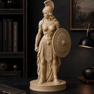 May include: A cream-colored resin statue of a warrior figure wearing a plumed helmet, ornate chest armor, and greaves. The figure stands on a circular base with a Greek key pattern, holding a round shield with intricate floral relief detailing.