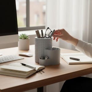 May include: A gray desk organizer with multiple compartments, holding pens, glasses, and small office supplies. A hand reaches for a pen. A notebook and a succulent plant are also on the wooden desk.