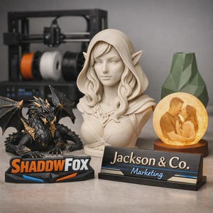 May include: A collection of 3D-printed items, including a dragon figurine, a bust of a woman with pointed ears, a moon-shaped lamp with a couple's photo, and two business nameplates. The nameplates read "SHADDOWFOX" and "Jackson & Co. Marketing."