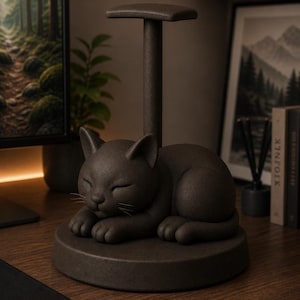 May include: A dark brown headphone stand featuring a sculpted, sleeping cat at the base. The cat is depicted with closed eyes and tucked paws, resting on a circular platform. A vertical post extends upward from the center, topped with a flat rest.