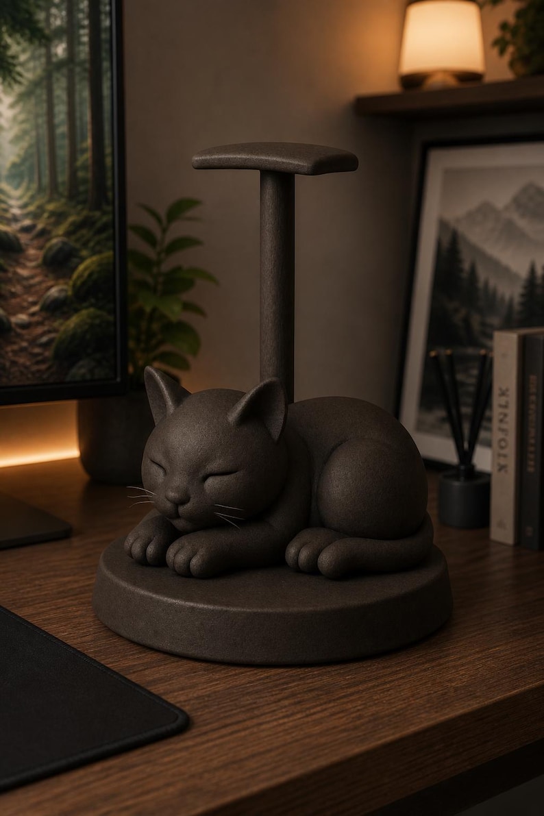 May include: A dark brown headphone stand featuring a sculpted, sleeping cat at the base. The cat is depicted with closed eyes and tucked paws, resting on a circular platform. A vertical post extends upward from the center, topped with a flat rest.