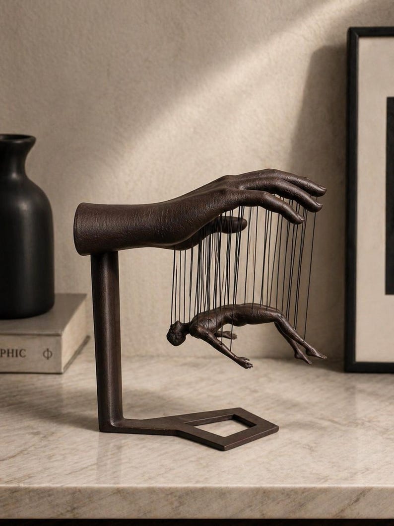 May include: A bronze-colored sculpture depicting a hand holding strings attached to a human figure. The sculpture is mounted on a stand with a geometric base. The artwork evokes themes of control and manipulation.
