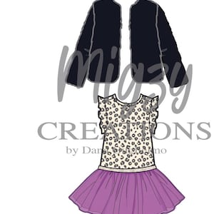May include: A set of clothing and accessories including purple sunglasses, a black long-sleeved jacket, a sleeveless top with a leopard print and ruffled shoulders, a purple tulle skirt, and a pair of purple sneakers with black laces and white soles.