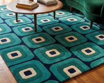 Alfombra moderna de mediados de siglo, alfombra geométrica azul verdoso, alfombra de lana tejida a mano estilo retro de los años 70, alfombra bohemia para sala de estar, decoración con estampado vintage