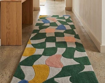 Tapis de couloir abstrait coloré, tapis géométrique, tapis en laine tufté à la main, tapis moderne, tapis d'entrée bohème, tapis fait main, tapis de couloir