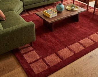 Tapis en laine rouge, tapis à bordure à carreaux rouille, tapis de salon moderne du milieu du siècle, tapis fait main à motifs géométriques, décoration bohème