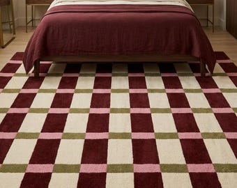 Tapis en laine à carreaux, motif bordeaux, rose et olive, tapis tufté fait main pour chambre ou salon, tapis bohème à carreaux vichy, cadeau de pendaison de crémaillère