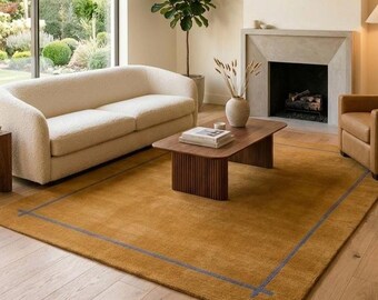 Alfombra color oro mostaza / Alfombra moderna minimalista de lana con borde azul / Alfombra bohemia para sala de estar / Alfombra grande hecha a mano para dormitorio y comedor