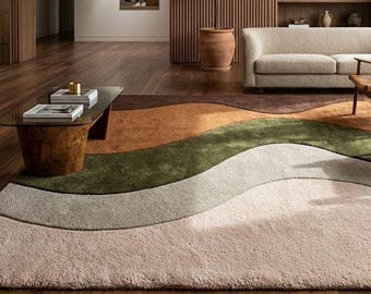 Tapis abstrait à vagues, tapis moderne vert, marron et beige, tapis de salon tufté à la main, tapis vert mousse, tapis tufté à la main, tapis sur mesure, 274 x 366 cm