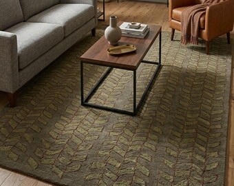 Alfombra con estampado botánico de hojas / Alfombra de lana verde salvia oliva / Alfombra floral de espiga hecha a mano / Alfombra de salón de estilo vintage / Decoración natural
