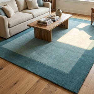 Alfombra moderna, alfombra de lana tejida a mano, alfombra con borde azul verdoso, alfombra beige neutra, alfombra minimalista para sala de estar, estilo escandinavo imagen 2