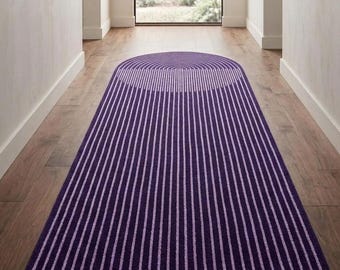 Tapis de couloir à extrémités arquées, tapis à rayures violettes, tapis tufté fait main, tapis géométrique moderne, tapis de sol contemporain, tapis de couloir, tapis de couloir en laine