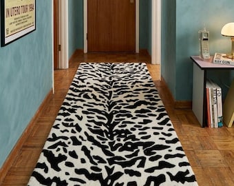 Tapis à motif zèbre noir et blanc, tapis de couloir bohème à imprimé animal, tapis rétro à rayures tigrées pour couloir, salon, chambre ou entrée
