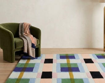 Tapis en laine à carreaux, tapis patchwork coloré, tapis géométrique moderne tufté, tapis bohème pour salon, tapis à damier multicolore