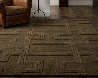 Alfombra texturizada marrón / Alfombra con relieve de greca / Alfombra escultural hecha a mano / Alfombra geométrica verde oliva oscuro / Alfombra de lujo para sala de estar / 9x12