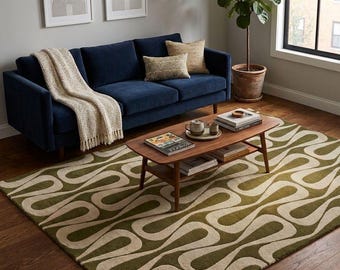 Tapis vert moderne, tapis abstrait pour salon, tapis en laine fait main, tapis moderne bio, tapis géométrique neutre, décoration intérieure contemporaine