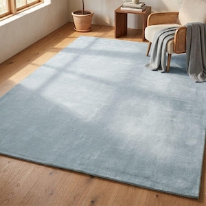 May include: A large, light blue rectangular rug dominates the foreground, with a soft, plush texture. The rug is placed on a wooden floor, and a window allows natural light to illuminate the room. A potted plant and a chair with a blanket are in the background.