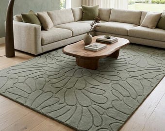 Tapis floral tufté à la main, tapis botanique vert sauge, tapis moderne et organique, tapis à fleurs abstraites, tapis pour salon et chambre, tapis fait main