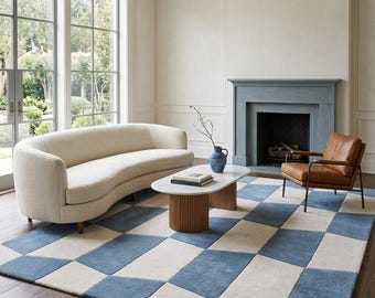 Tapis à damier bleu, tapis à motif losanges, tapis en laine tuftée, tapis géométrique bleu crème, tapis de salon moderne, décoration intérieure faite main