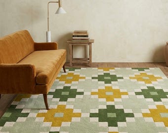 Tapis géométrique en laine, tapis tufté à la main à motif losanges vert moutarde et jaune, tapis de salon style bohème marocain, tapis moderne du sud-ouest américain