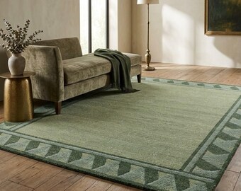 Alfombra verde salvia con borde geométrico en zigzag / Alfombra de lana hecha a mano para sala de estar / Alfombra de dormitorio estilo bohemio marroquí / Todos los tamaños /