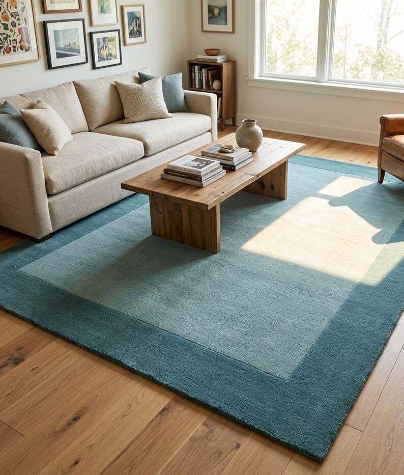 Alfombra moderna, alfombra de lana tejida a mano, alfombra con borde azul verdoso, alfombra beige neutra, alfombra minimalista para sala de estar, estilo escandinavo imagen 2