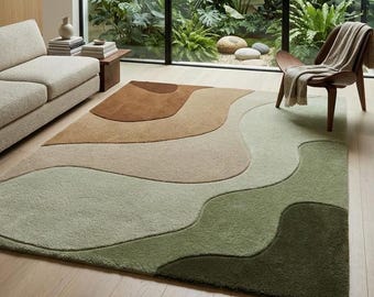 Tapis abstrait tufté à la main, tapis moderne vert et beige, tapis en laine aux formes organiques, tapis de salon contemporain, décoration de sol artisanale, 244 x 306 cm